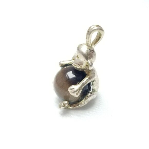 Vintage Little Monkey Holding Brown Catseye Glass Ball Pendant Charm Silver Tone - Picture 4 of 7